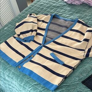 Striped V-Neck Cardigan in Cream & Navy with Blue Trim